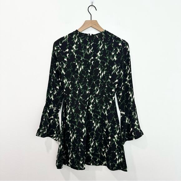A.L.C Trixie Silk Dress Green Black Printed Bell Sleeve Mini A-Line size 0 - Picture 4 of 10